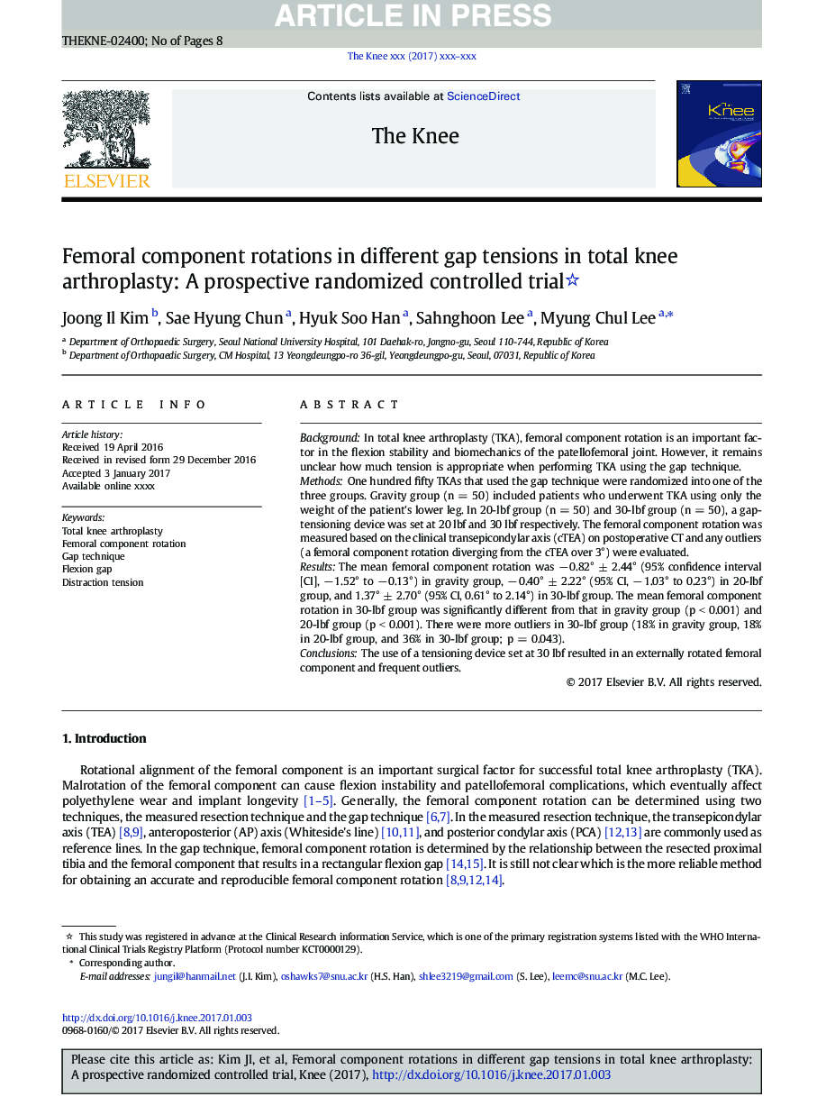 Femoral component rotations in different gap tensions in total knee arthroplasty: A prospective randomized controlled trial