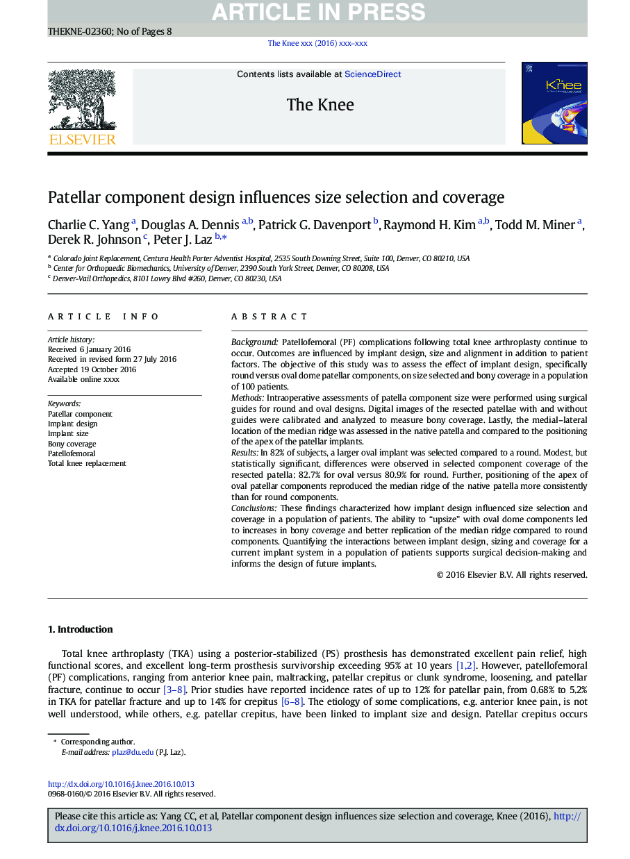 عکس صفحه اول مقاله: Patellar component design influences size selection and coverage Patellar component design influences size selection and coverage