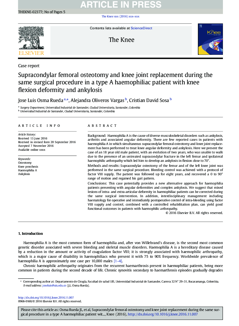 Supracondylar femoral osteotomy and knee joint replacement during the same surgical procedure in a type A haemophiliac patient with knee flexion deformity and ankylosis