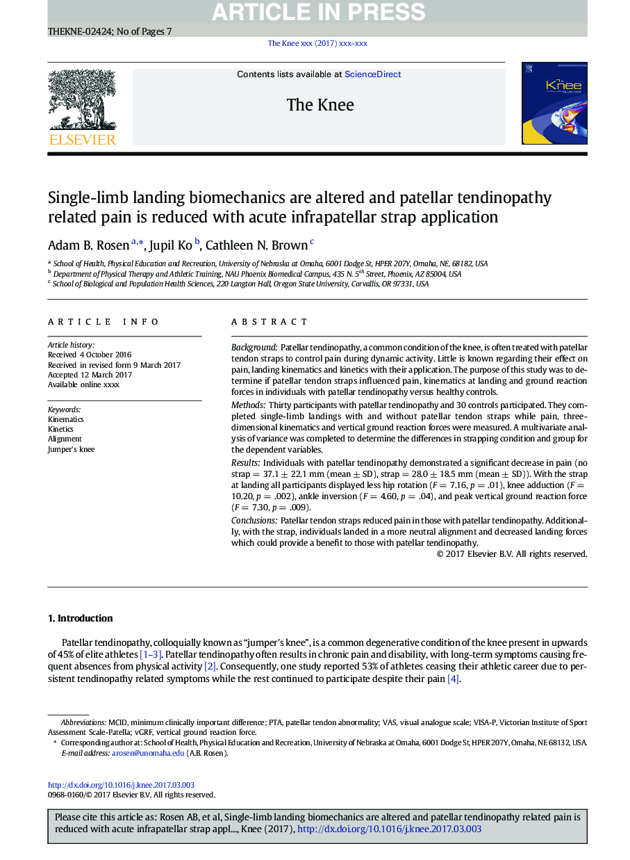 Single-limb landing biomechanics are altered and patellar tendinopathy related pain is reduced with acute infrapatellar strap application