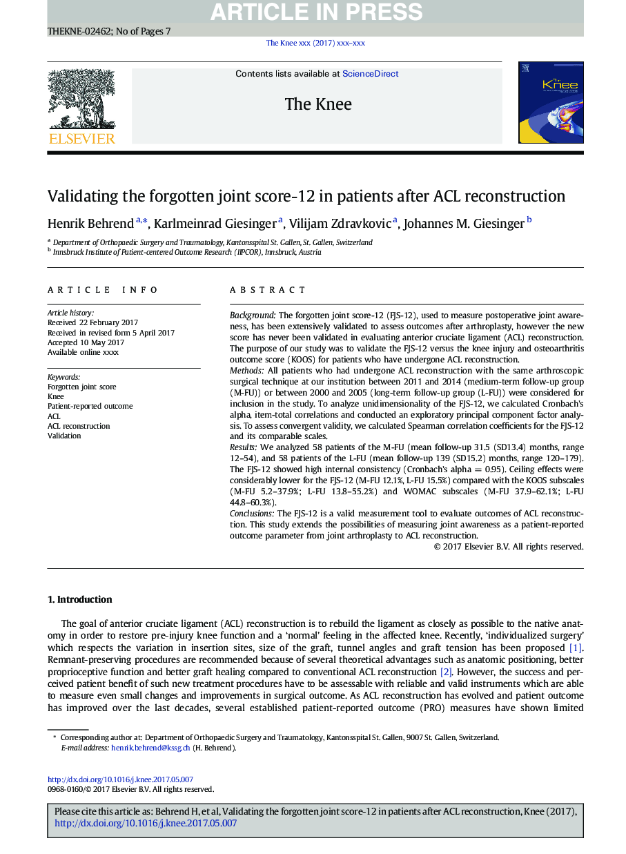 Validating the forgotten joint score-12 in patients after ACL reconstruction