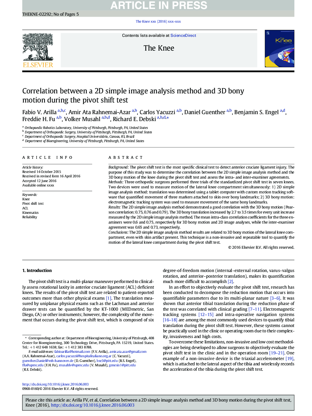 Correlation between a 2D simple image analysis method and 3D bony motion during the pivot shift test