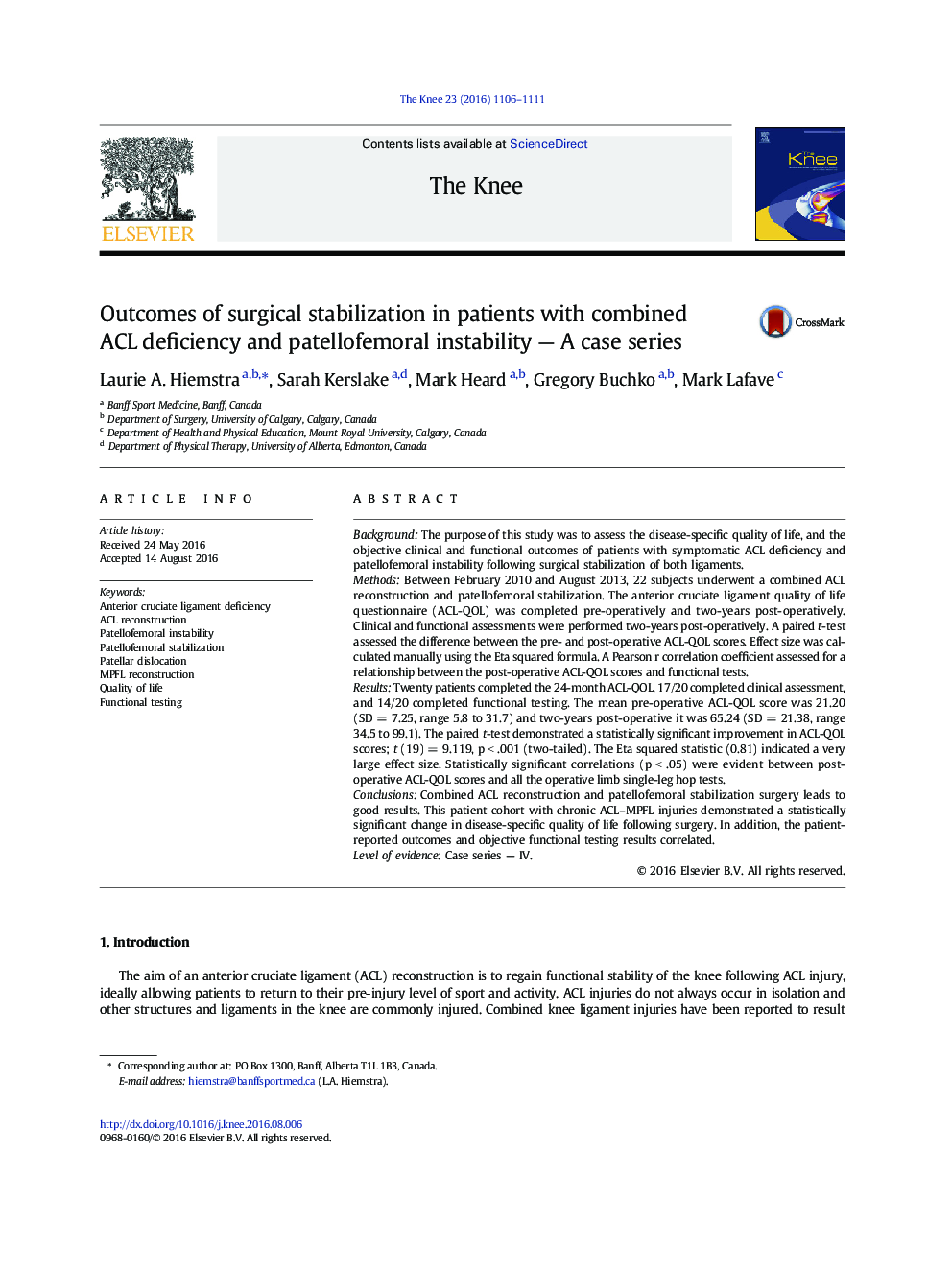 Outcomes of surgical stabilization in patients with combined ACL deficiency and patellofemoral instability - A case series
