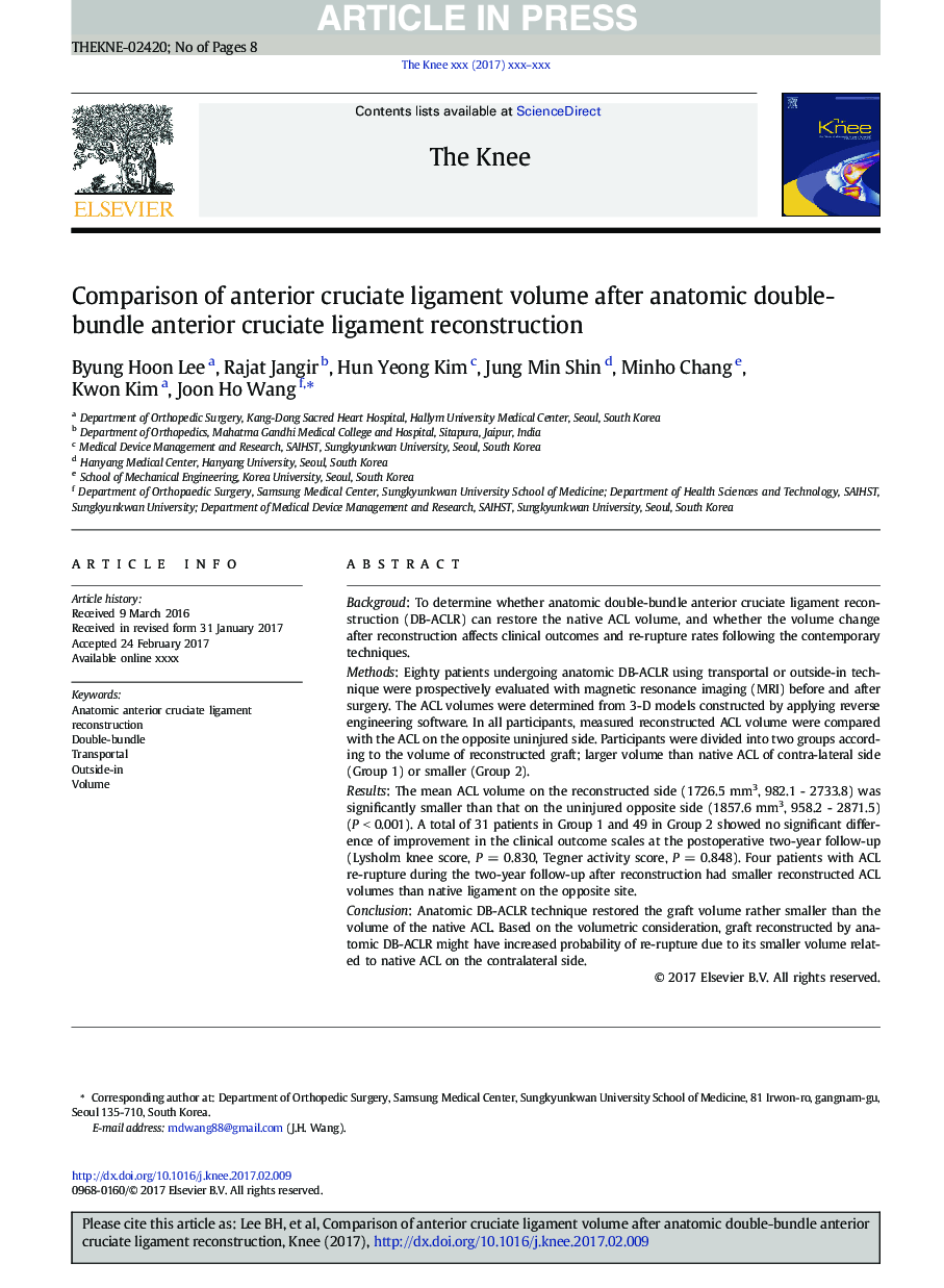 Comparison of anterior cruciate ligament volume after anatomic double-bundle anterior cruciate ligament reconstruction