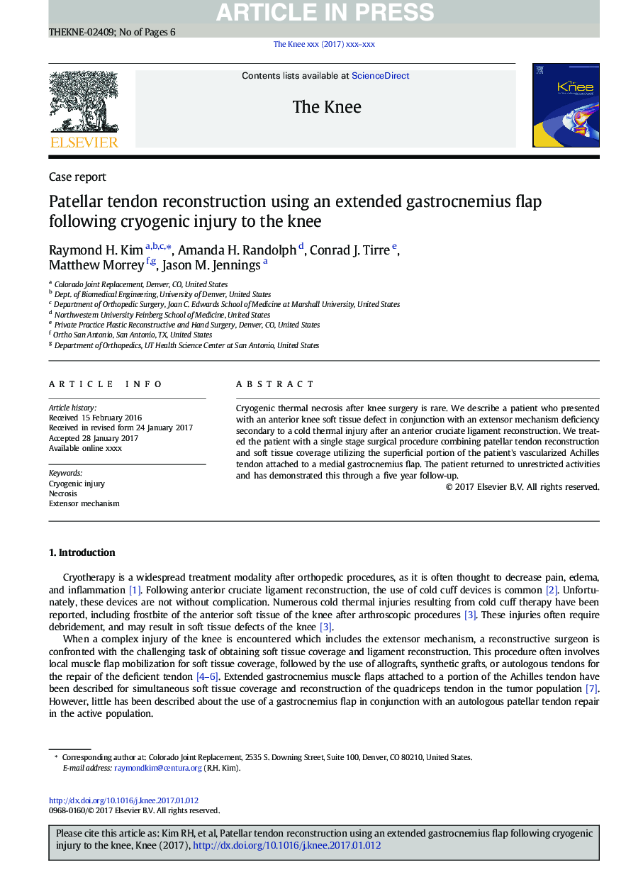 Patellar tendon reconstruction using an extended gastrocnemius flap following cryogenic injury to the knee