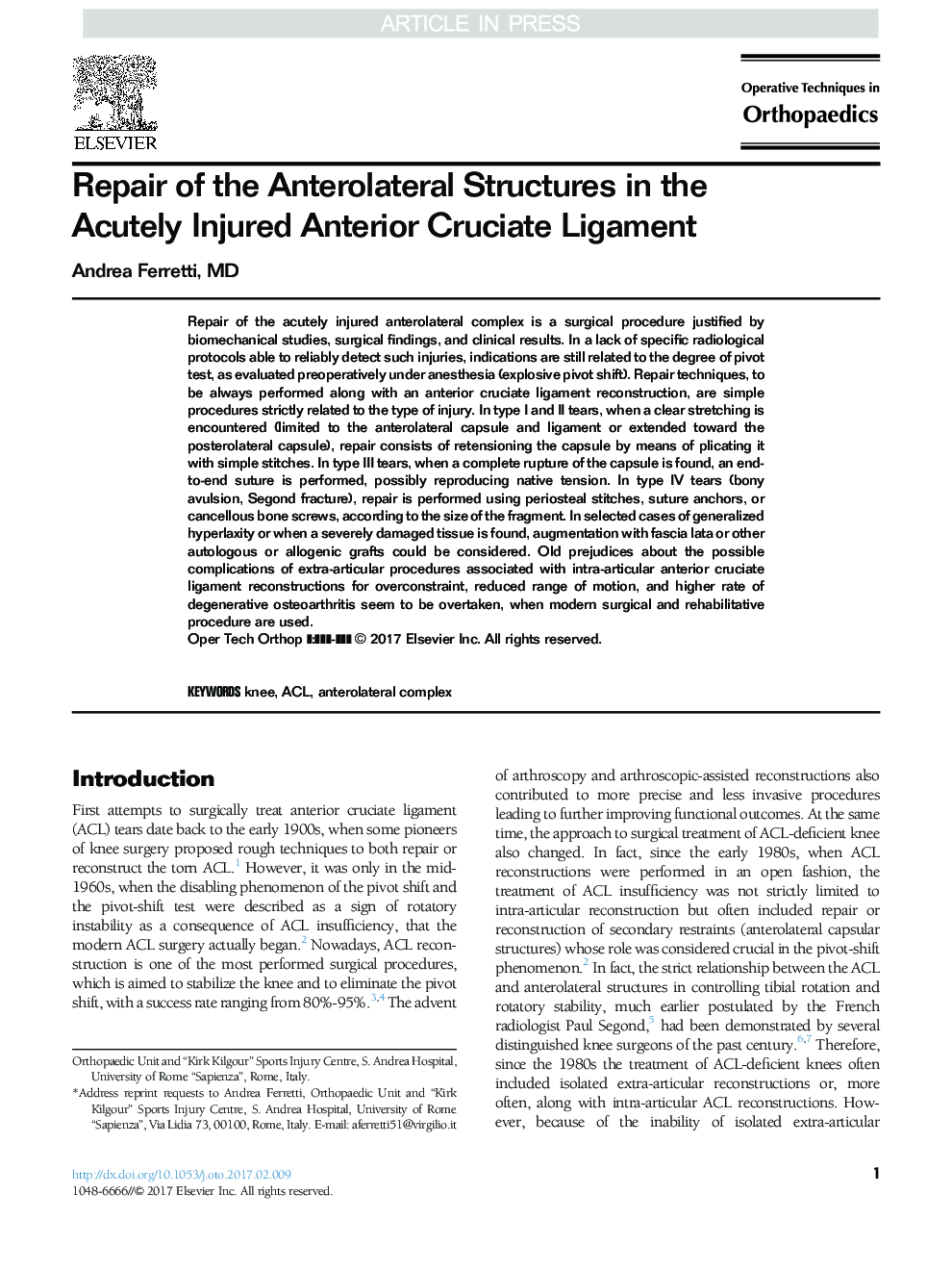 Repair of the Anterolateral Structures in the Acutely Injured Anterior Cruciate Ligament