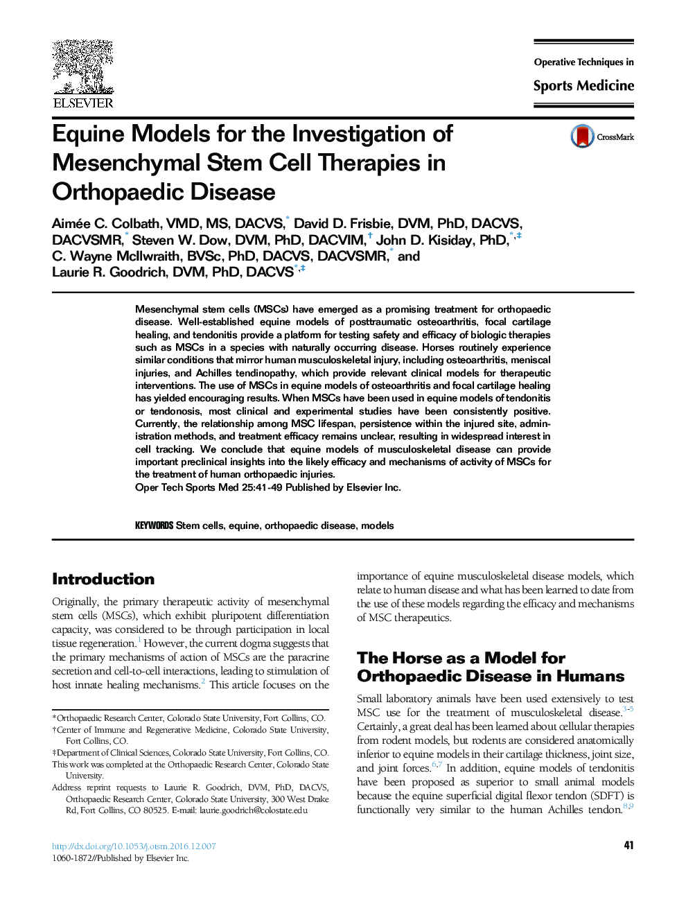 Equine Models for the Investigation of Mesenchymal Stem Cell Therapies in Orthopaedic Disease