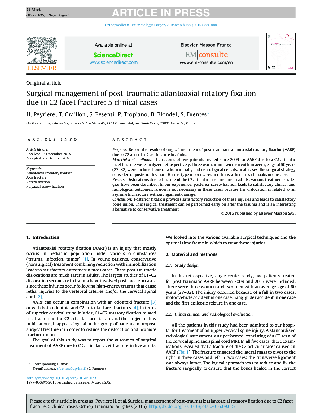 Surgical management of post-traumatic atlantoaxial rotatory fixation due to C2 facet fracture: 5 clinical cases