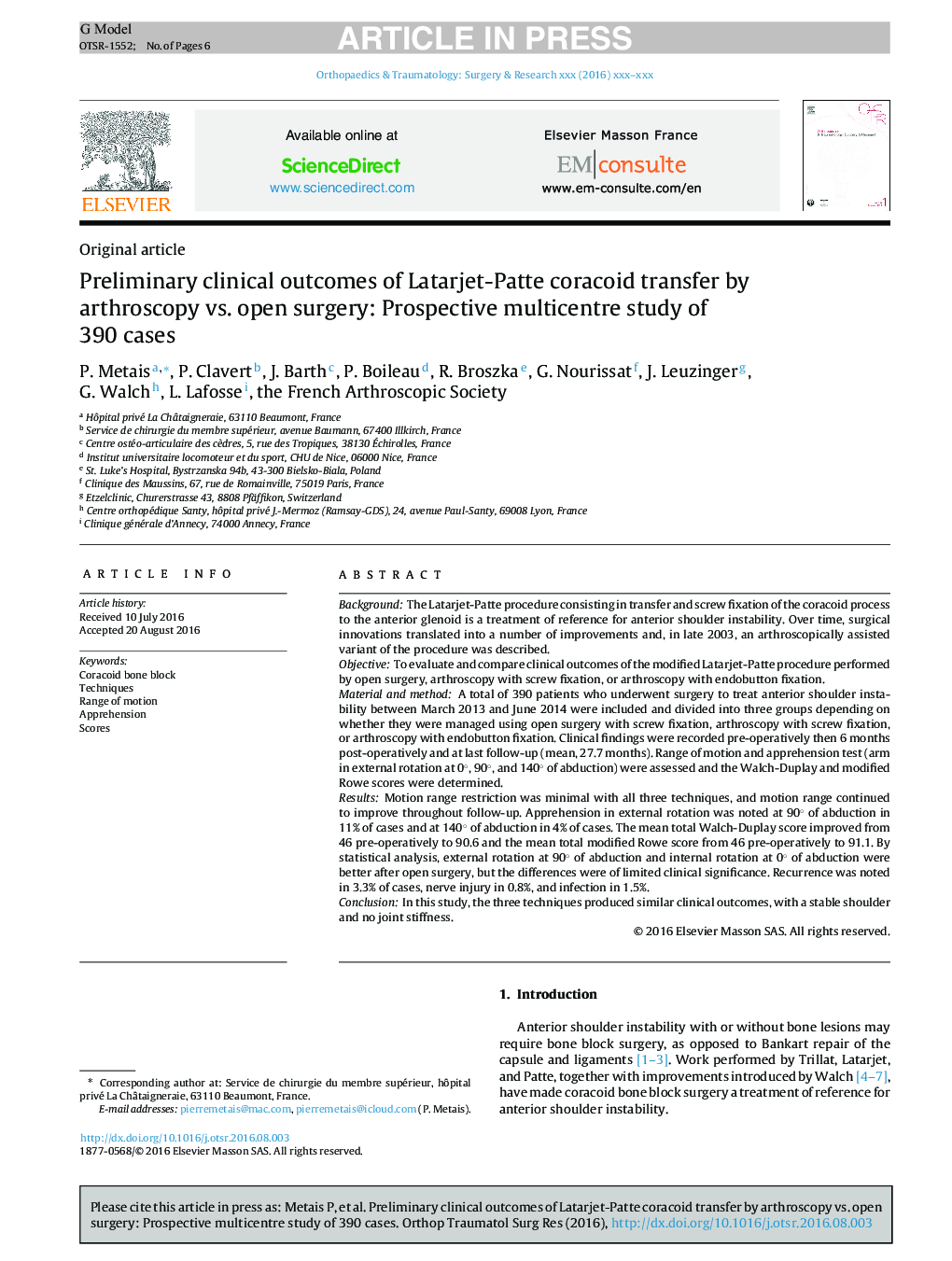 Preliminary clinical outcomes of Latarjet-Patte coracoid transfer by arthroscopy vs. open surgery: Prospective multicentre study of 390Â cases