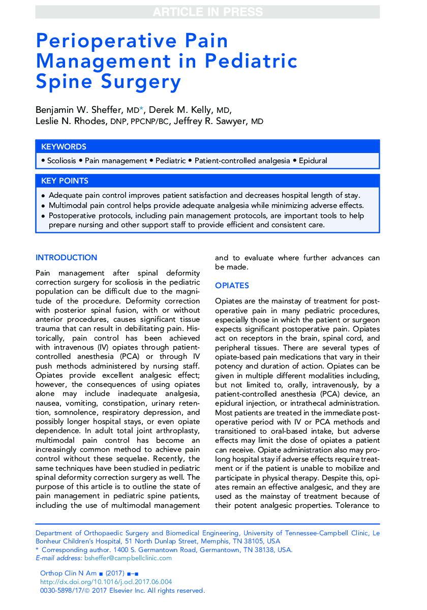 Perioperative Pain Management in Pediatric Spine Surgery