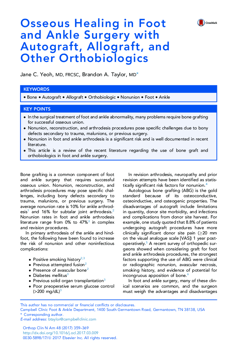 Osseous Healing in Foot and Ankle Surgery with Autograft, Allograft, and Other Orthobiologics