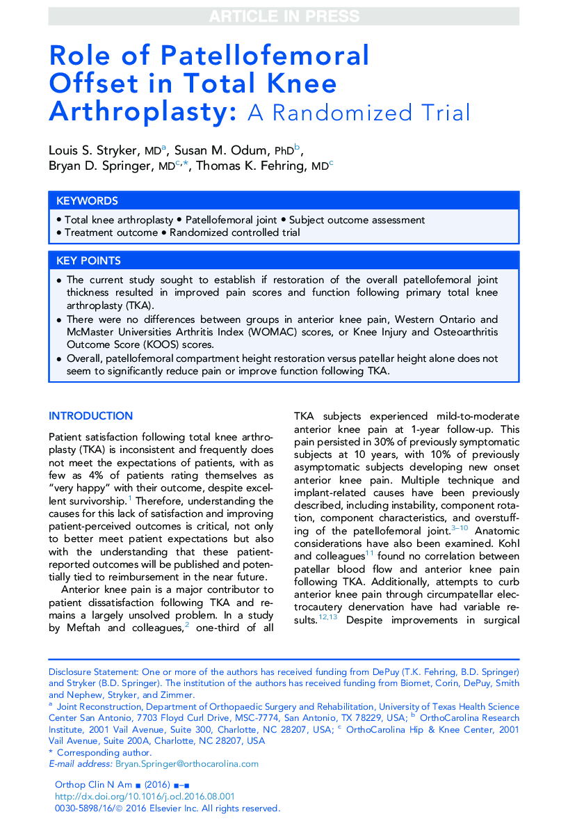 Role of Patellofemoral Offset in Total Knee Arthroplasty