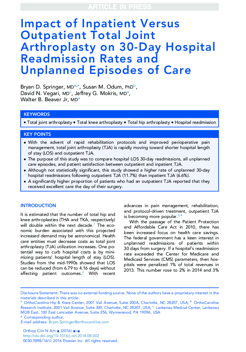 Impact of Inpatient Versus Outpatient Total Joint Arthroplasty on 30-Day Hospital Readmission Rates and Unplanned Episodes of Care