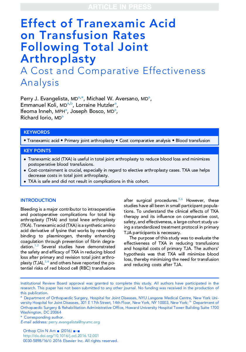 Effect of Tranexamic Acid on Transfusion Rates Following Total Joint Arthroplasty