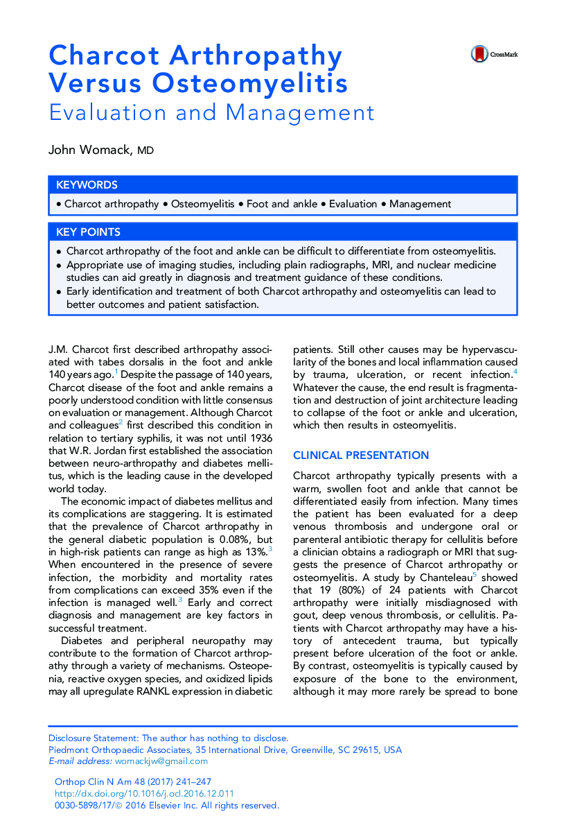 Charcot Arthropathy Versus Osteomyelitis