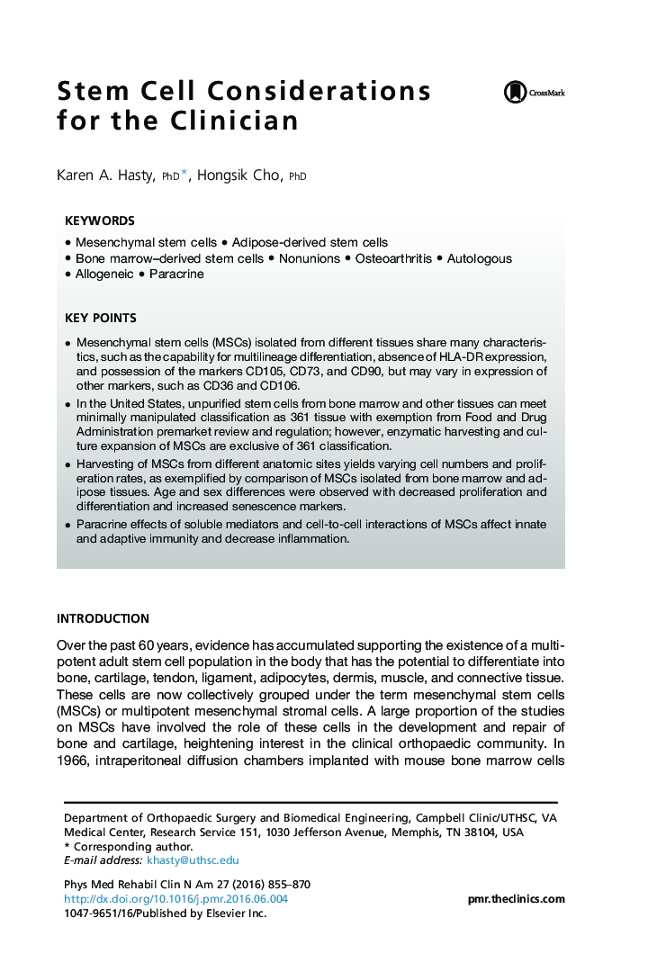 Stem Cell Considerations for the Clinician