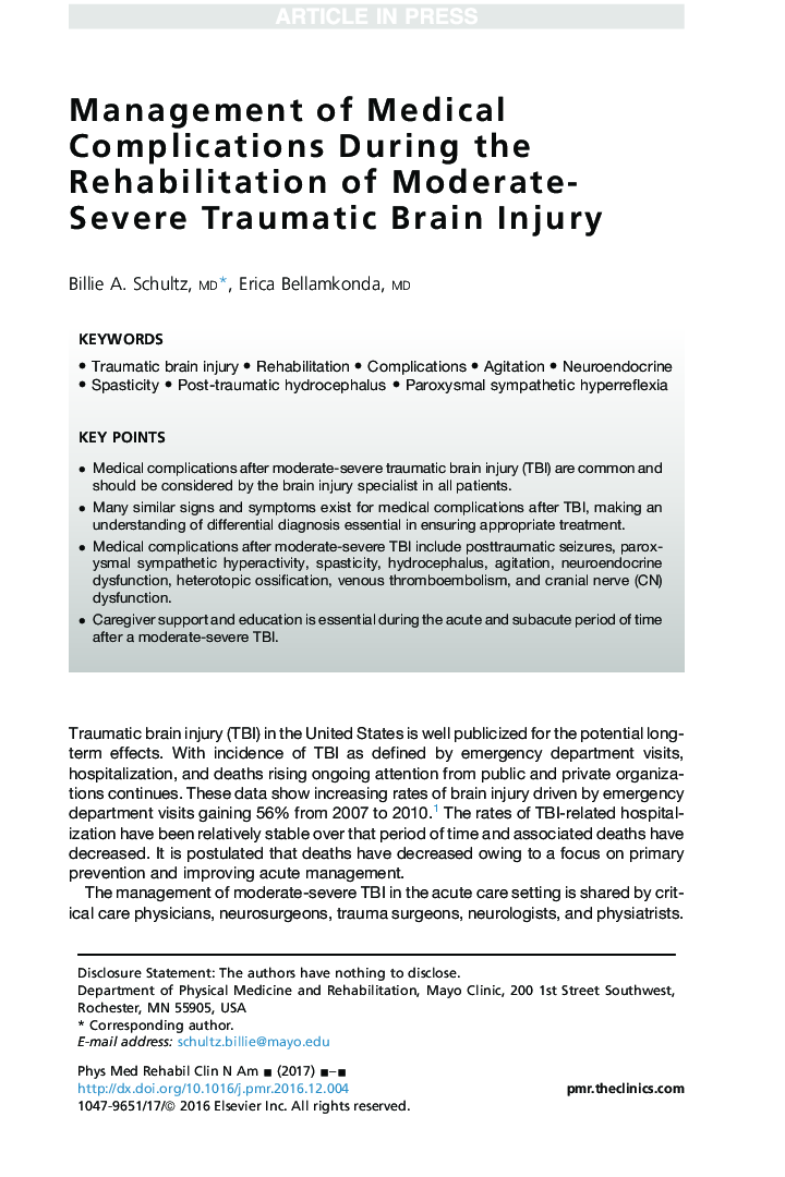 Management of Medical Complications During the Rehabilitation of Moderate-Severe Traumatic Brain Injury