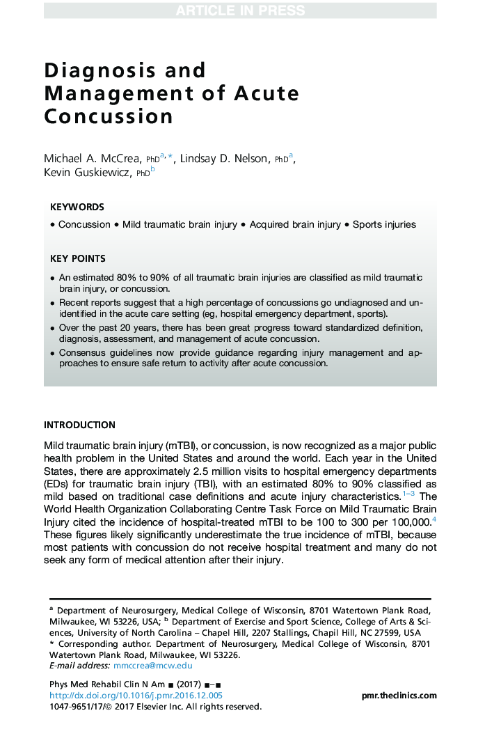 Diagnosis and Management of Acute Concussion