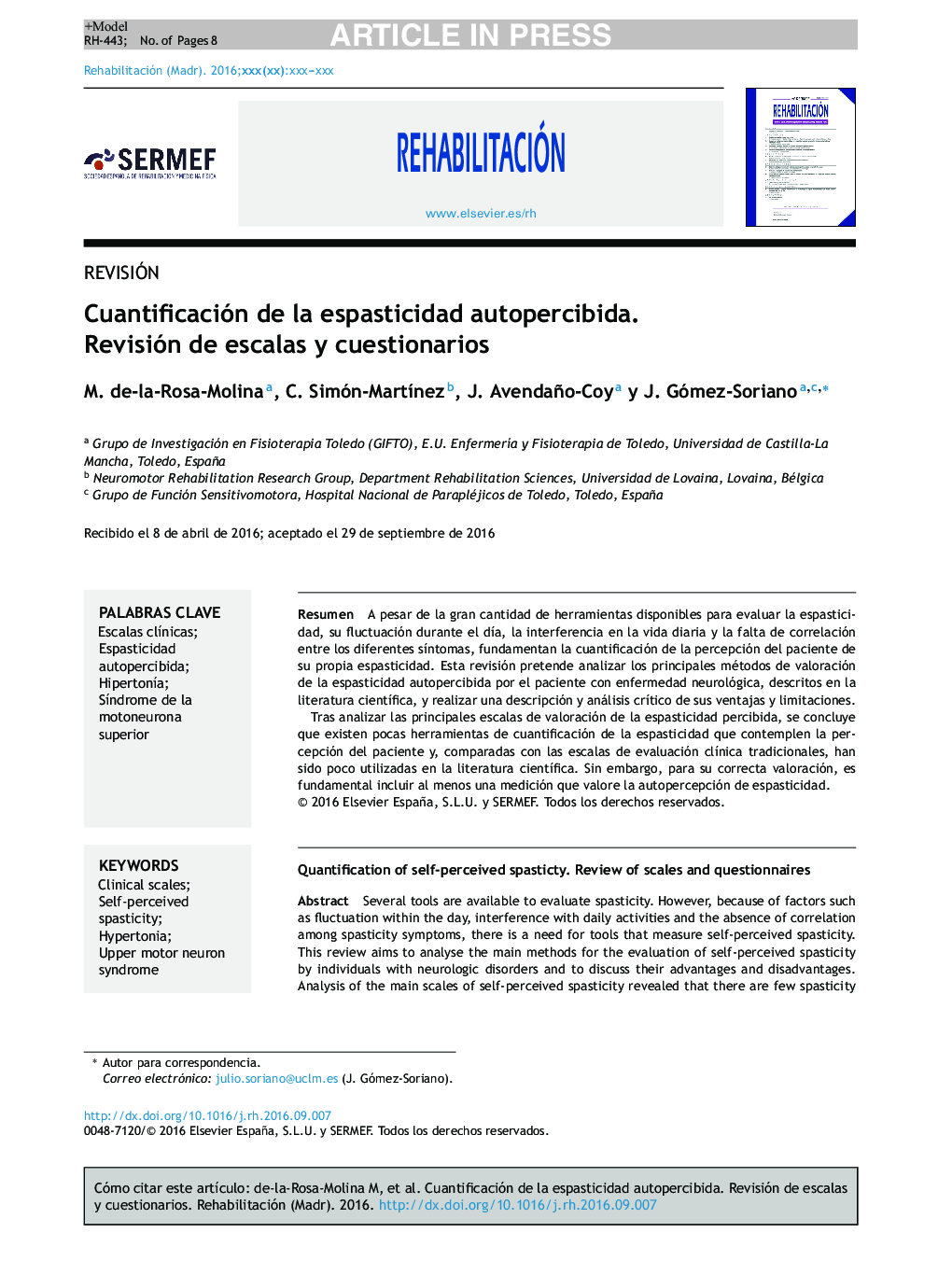 Cuantificación de la espasticidad autopercibida. Revisión de escalas y cuestionarios