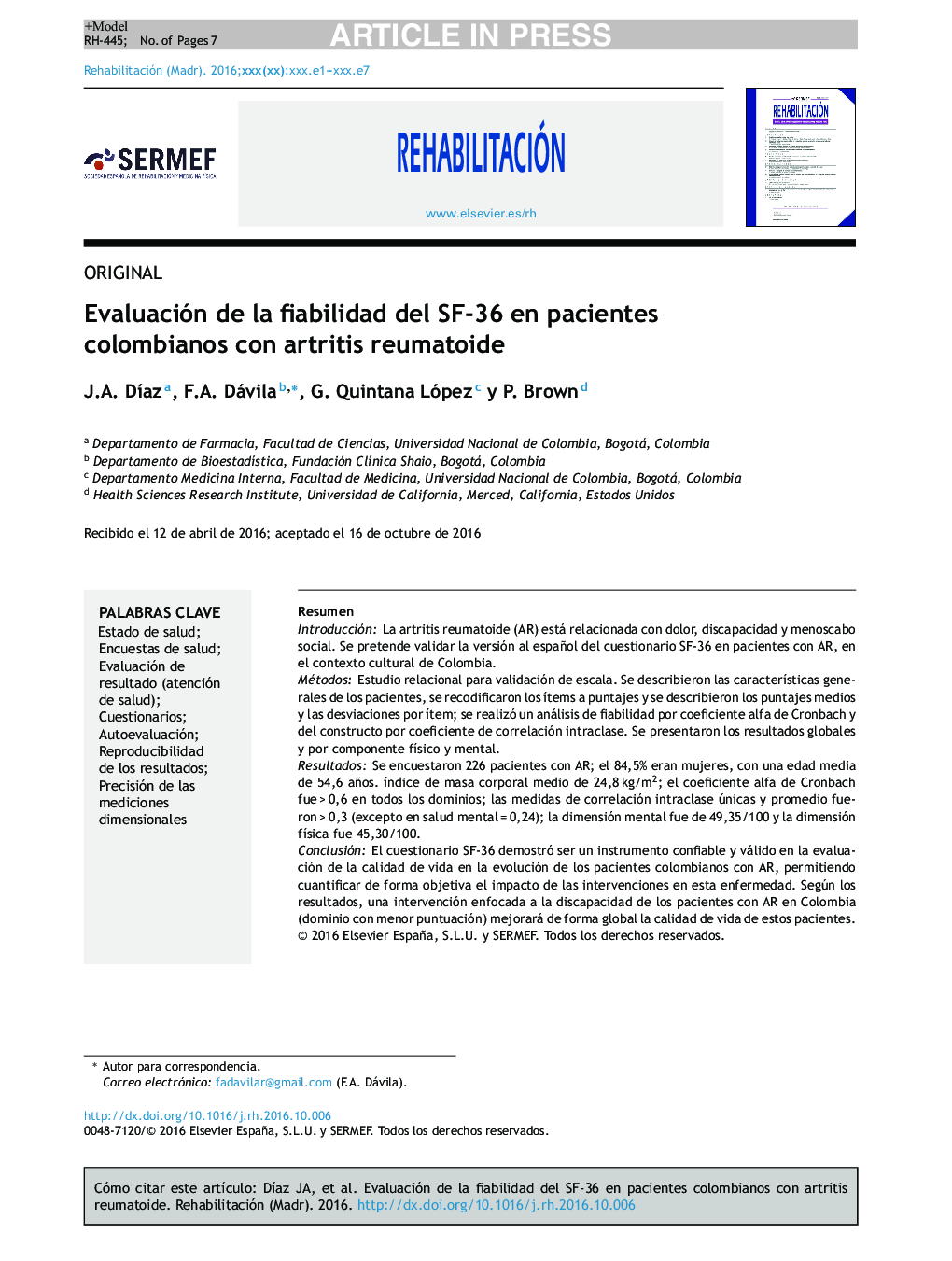 Evaluación de la fiabilidad del SF-36 en pacientes colombianos con artritis reumatoide