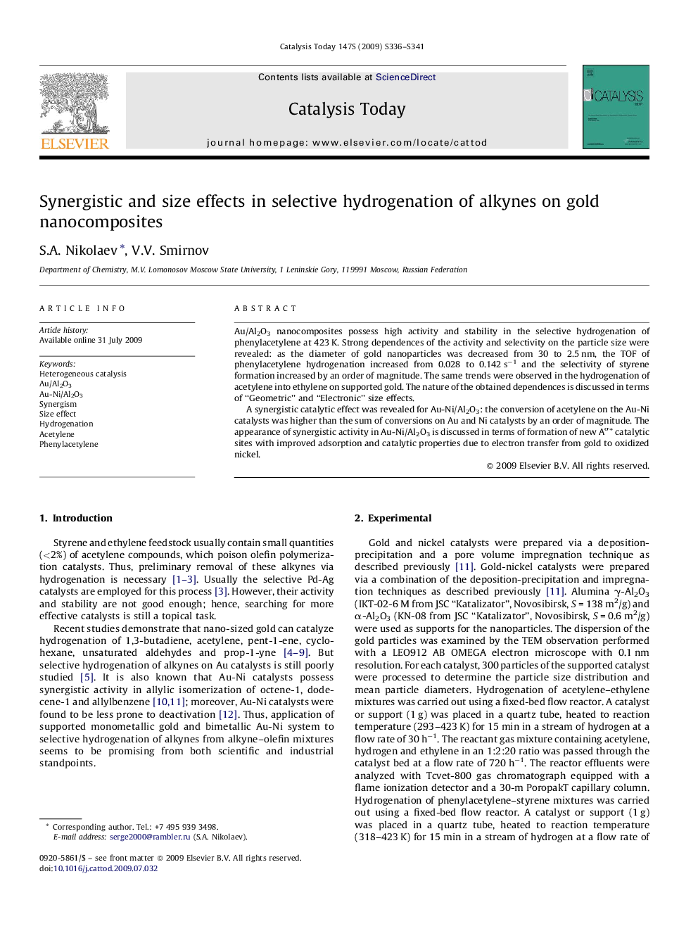 عکس صفحه اول مقاله: Synergistic and size effects in selective hydrogenation of alkynes on gold nanocomposites Synergistic and size effects in selective hydrogenation of alkynes on gold nanocomposites
