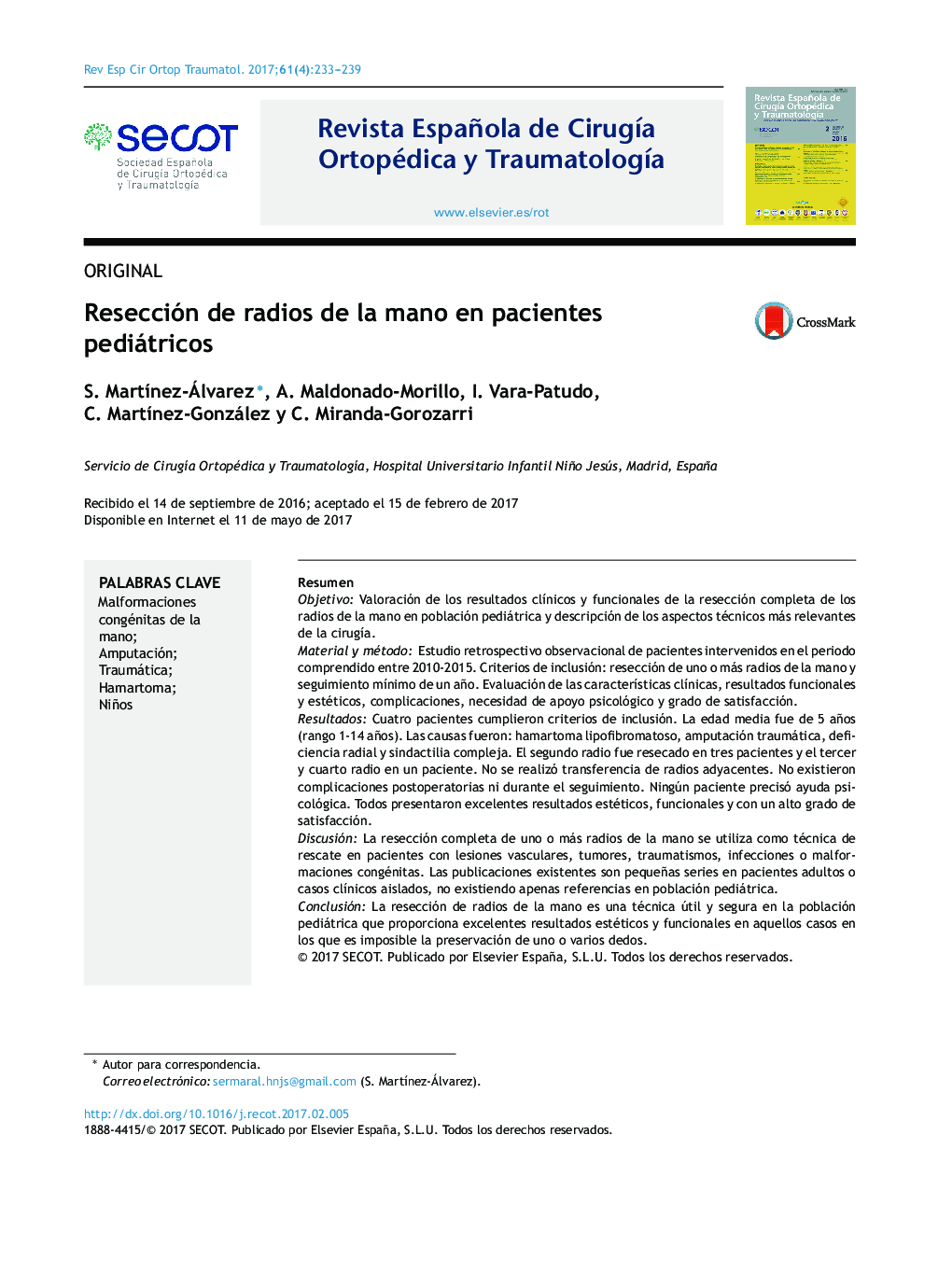 Resección de radios de la mano en pacientes pediátricos