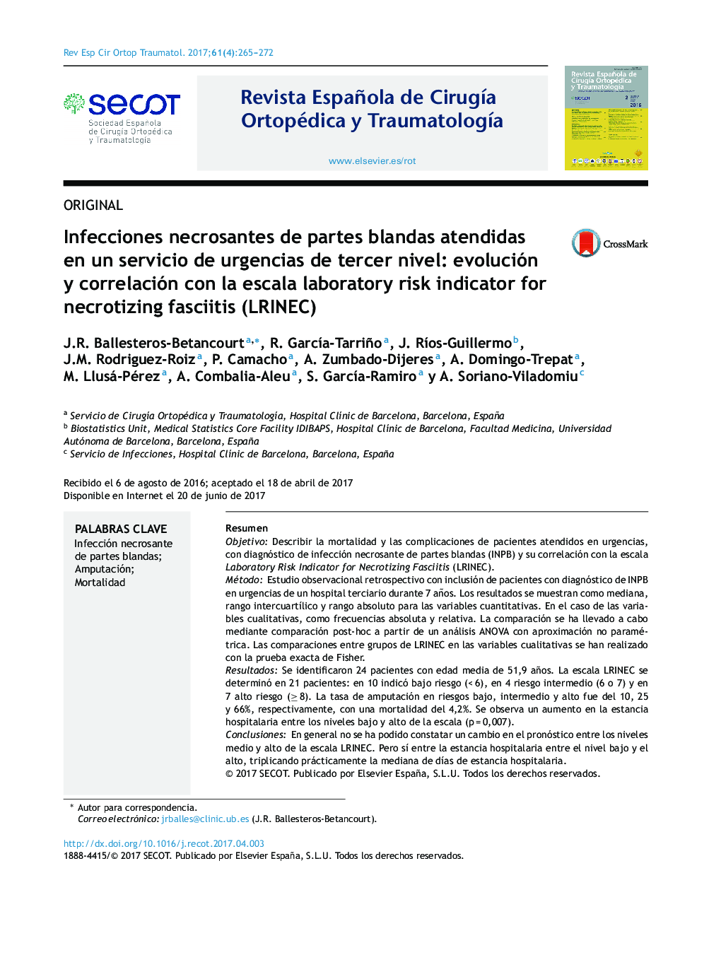 Infecciones necrosantes de partes blandas atendidas en un servicio de urgencias de tercer nivel: evolución y correlación con la escala laboratory risk indicator for necrotizing fasciitis (LRINEC)