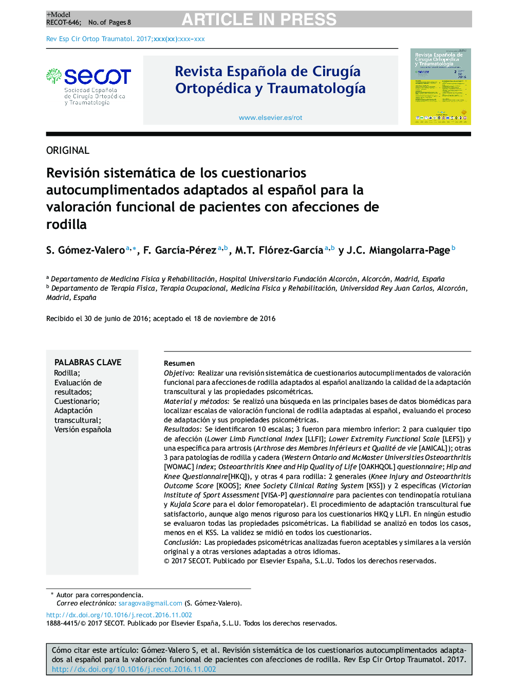 Revisión sistemática de los cuestionarios autocumplimentados adaptados al español para la valoración funcional de pacientes con afecciones de rodilla