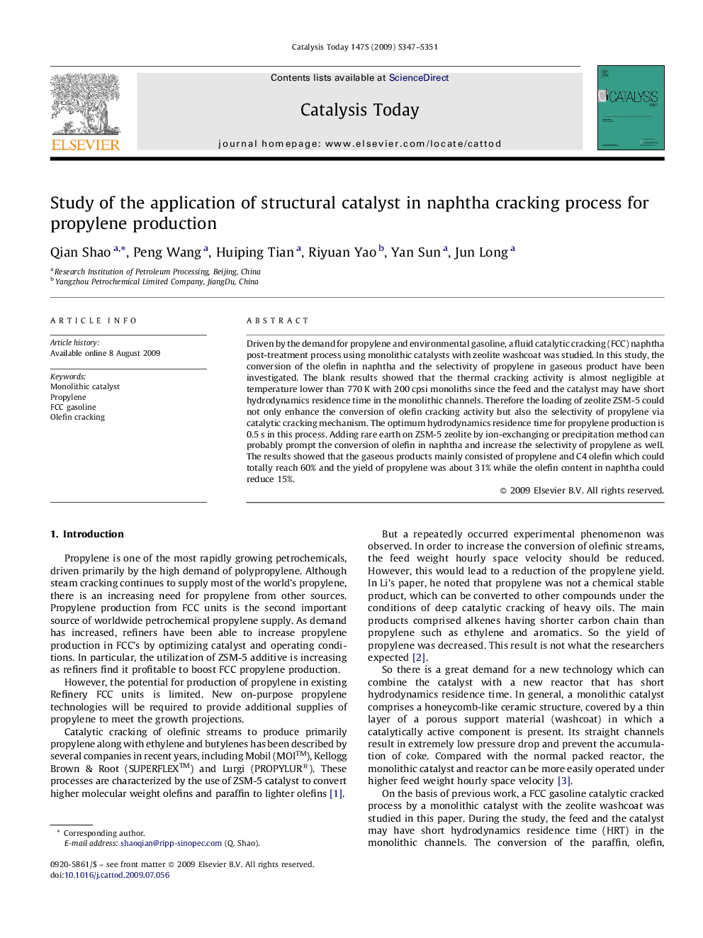 Study of the application of structural catalyst in naphtha cracking process for propylene production