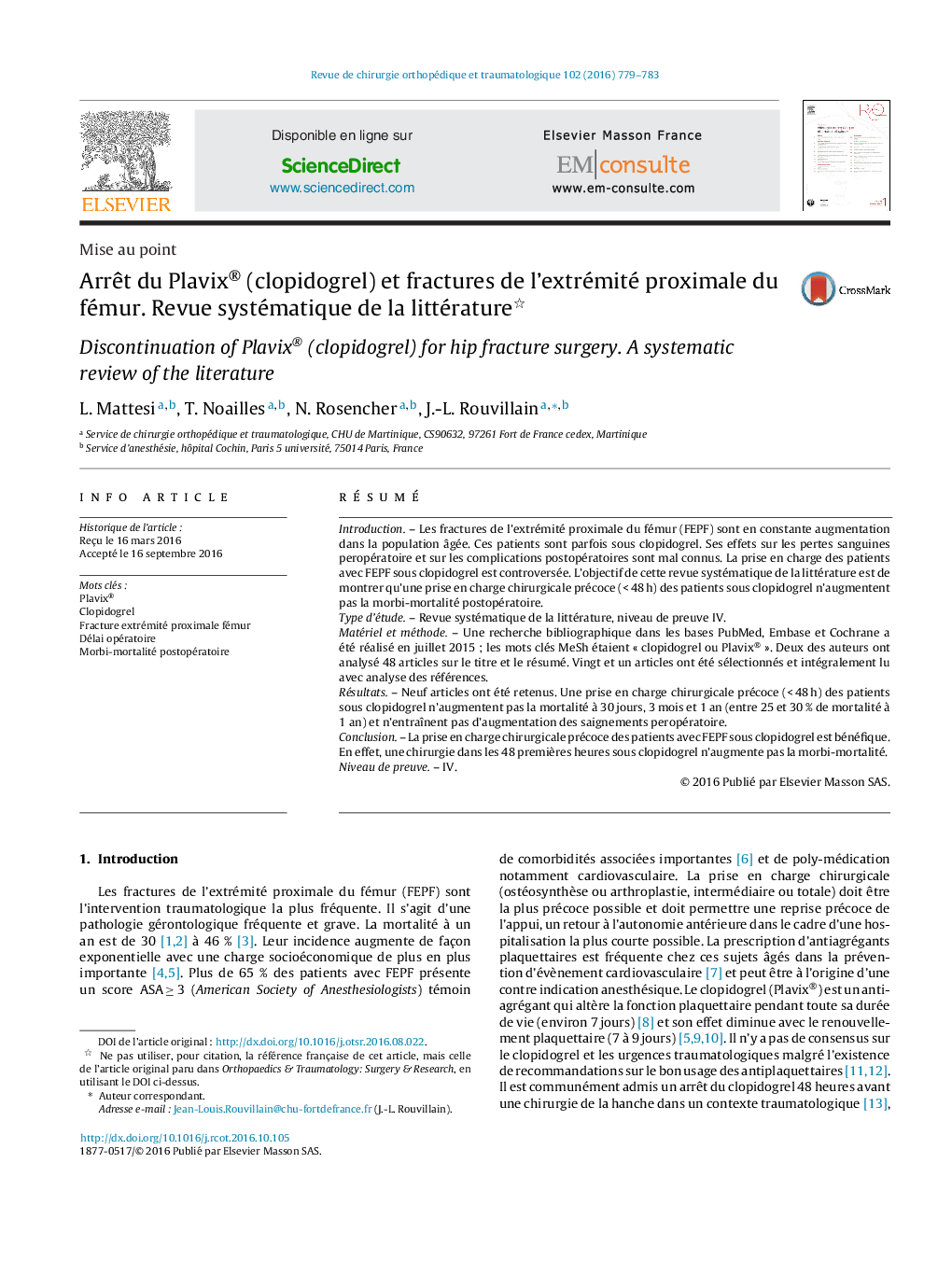 عکس صفحه اول مقاله: Arrêt du Plavix® (clopidogrel) et fractures de l'extrémité proximale du fémur. Revue systématique de la littérature Arrêt du Plavix® (clopidogrel) et fractures de l'extrémité proximale du fémur. Revue systématique de la littérature