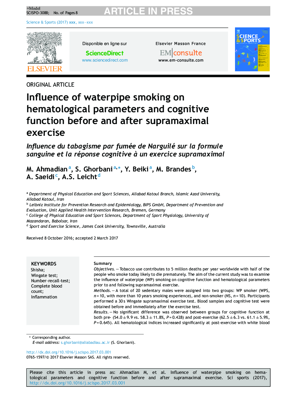 Influence of waterpipe smoking on hematological parameters and cognitive function before and after supramaximal exercise