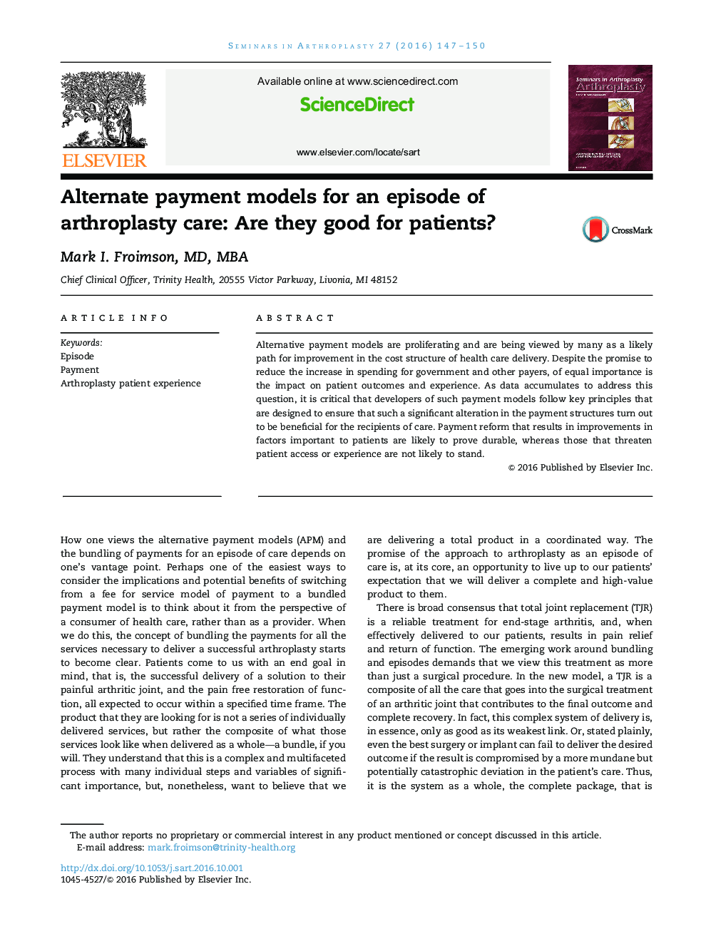 Alternate payment models for an episode of arthroplasty care: Are they good for patients?