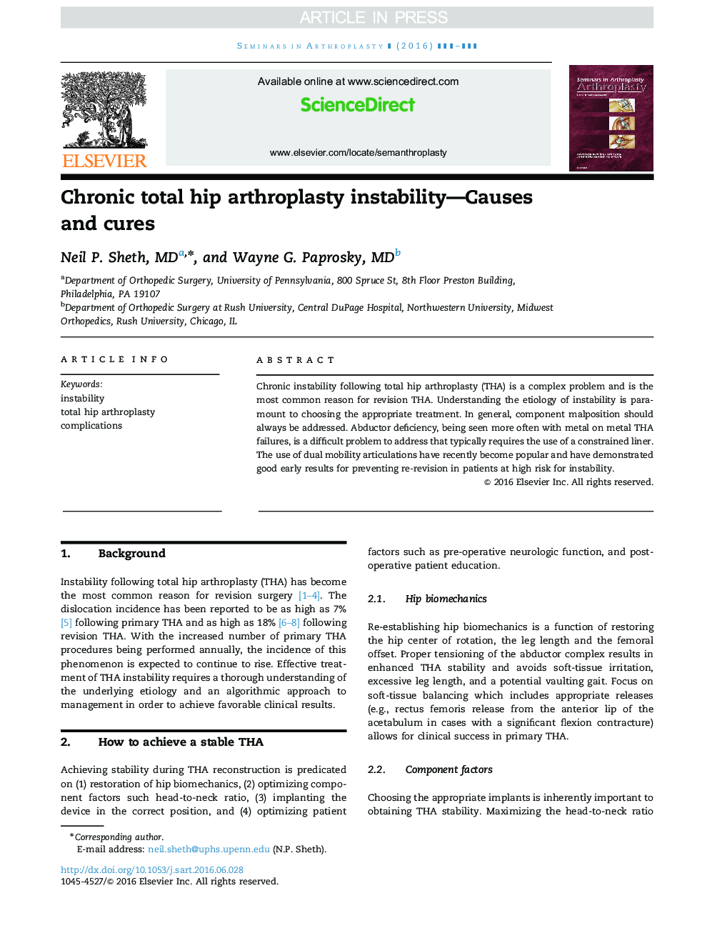 Chronic total hip arthroplasty instability-Causes and cures