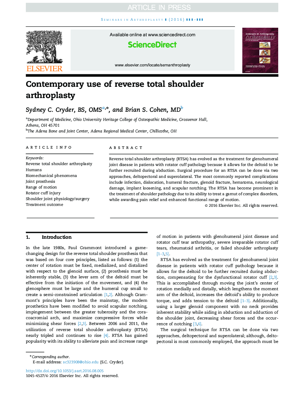 Contemporary use of reverse total shoulder arthroplasty