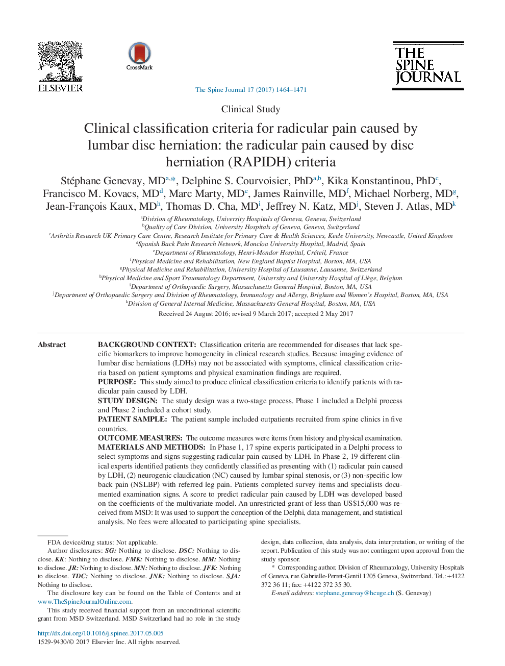 Clinical classification criteria for radicular pain caused by lumbar disc herniation: the radicular pain caused by disc herniation (RAPIDH) criteria