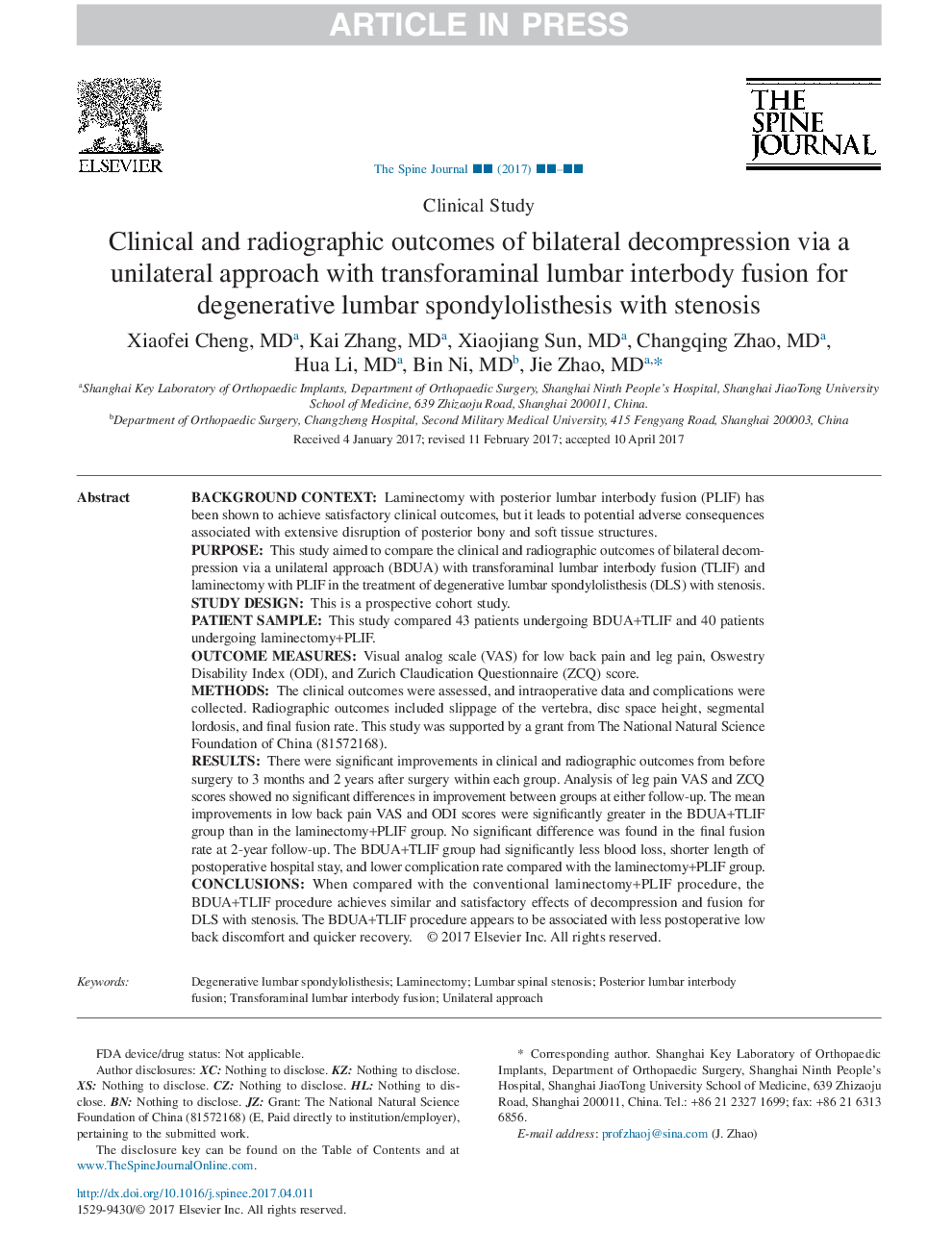 Clinical and radiographic outcomes of bilateral decompression via a unilateral approach with transforaminal lumbar interbody fusion for degenerative lumbar spondylolisthesis with stenosis