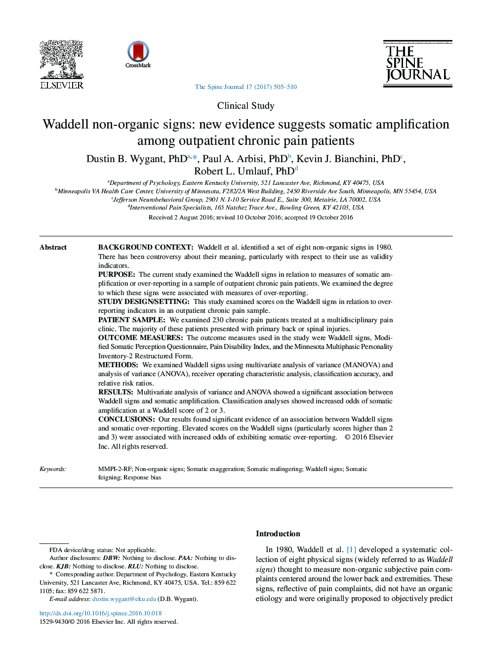 Waddell non-organic signs: new evidence suggests somatic amplification among outpatient chronic pain patients