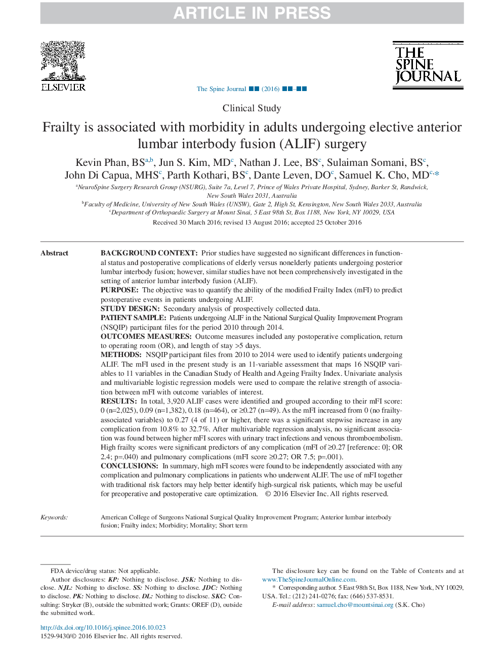 Frailty is associated with morbidity in adults undergoing elective anterior lumbar interbody fusion (ALIF) surgery