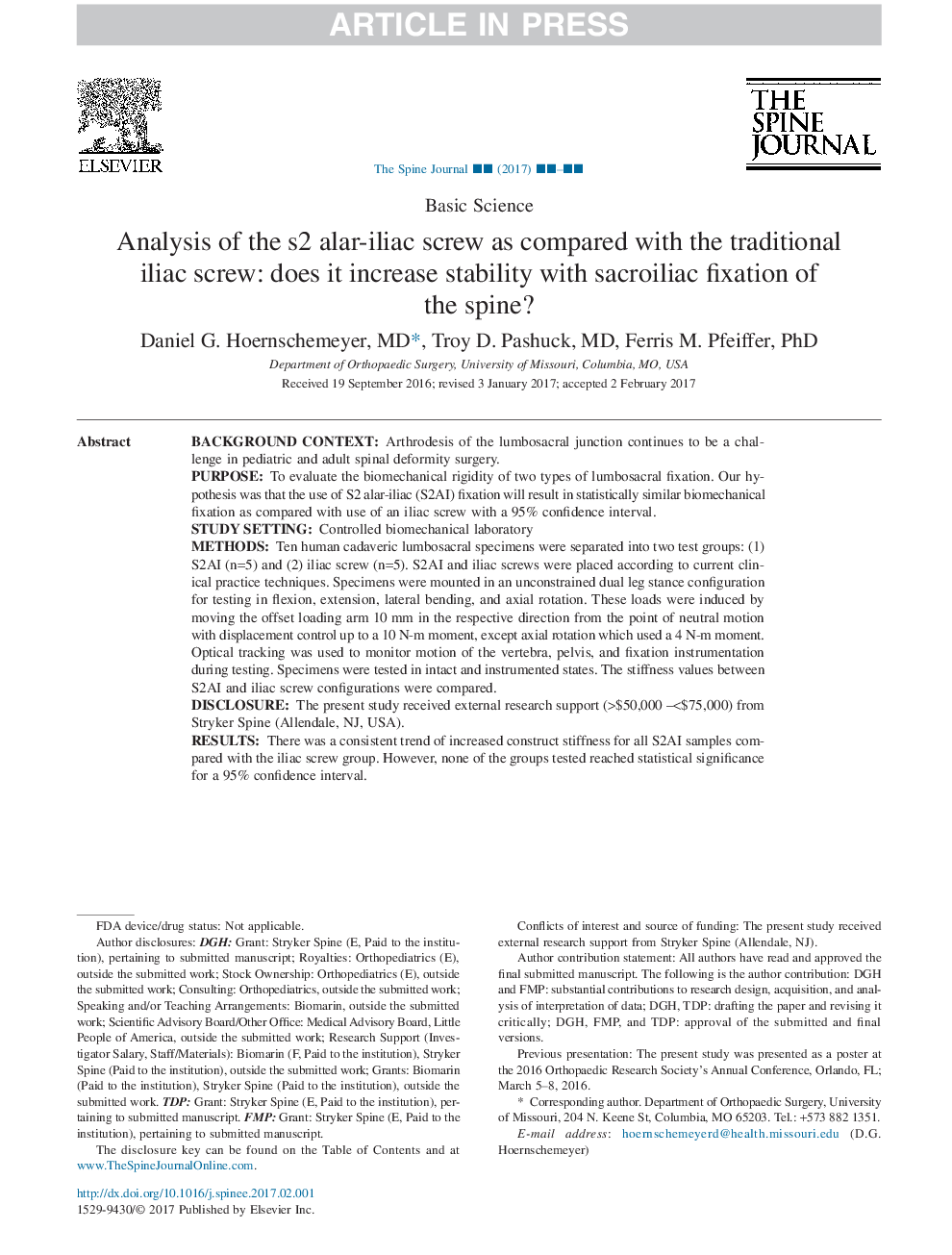 Analysis of the s2 alar-iliac screw as compared with the traditional iliac screw: does it increase stability with sacroiliac fixation of the spine?