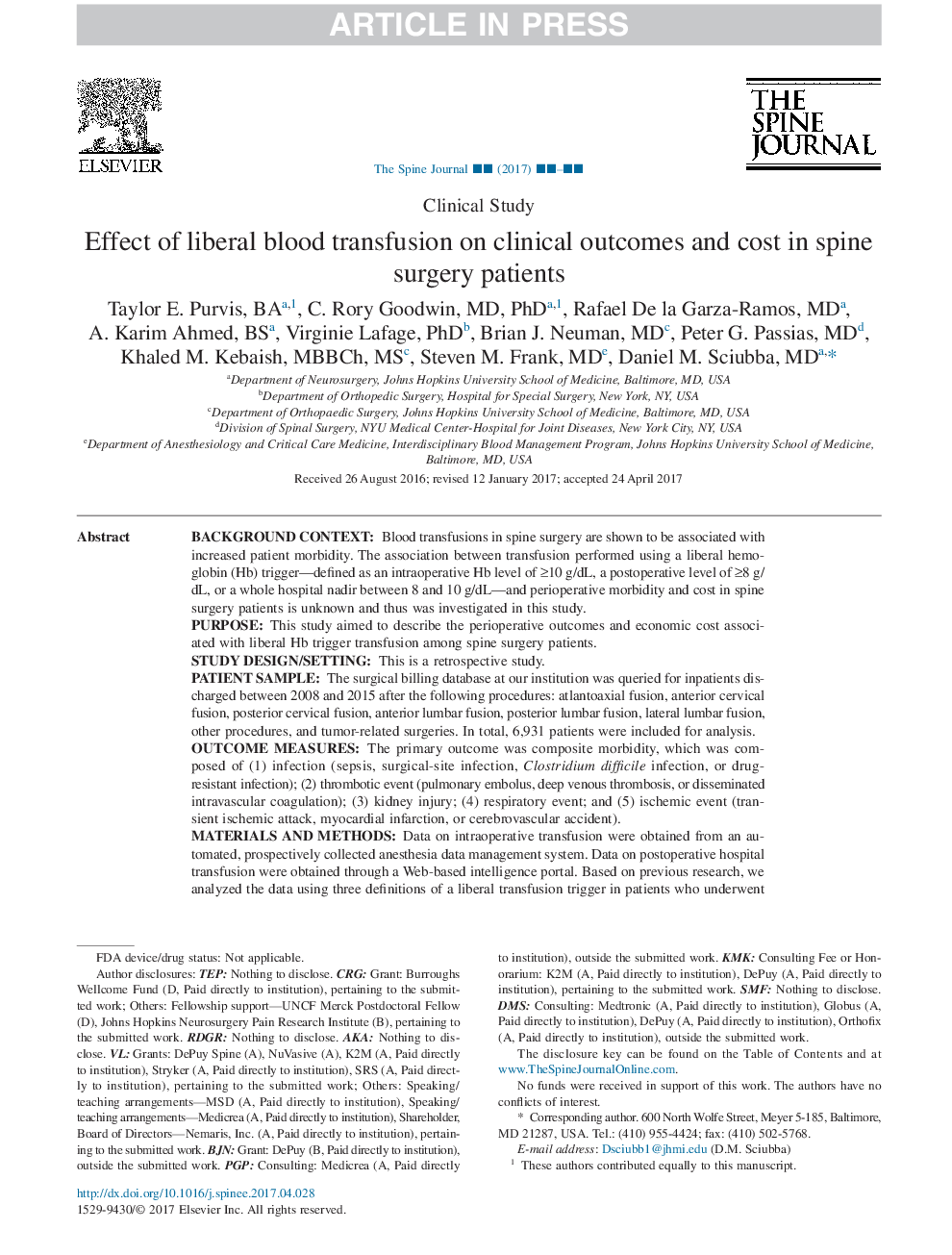 Effect of liberal blood transfusion on clinical outcomes and cost in spine surgery patients