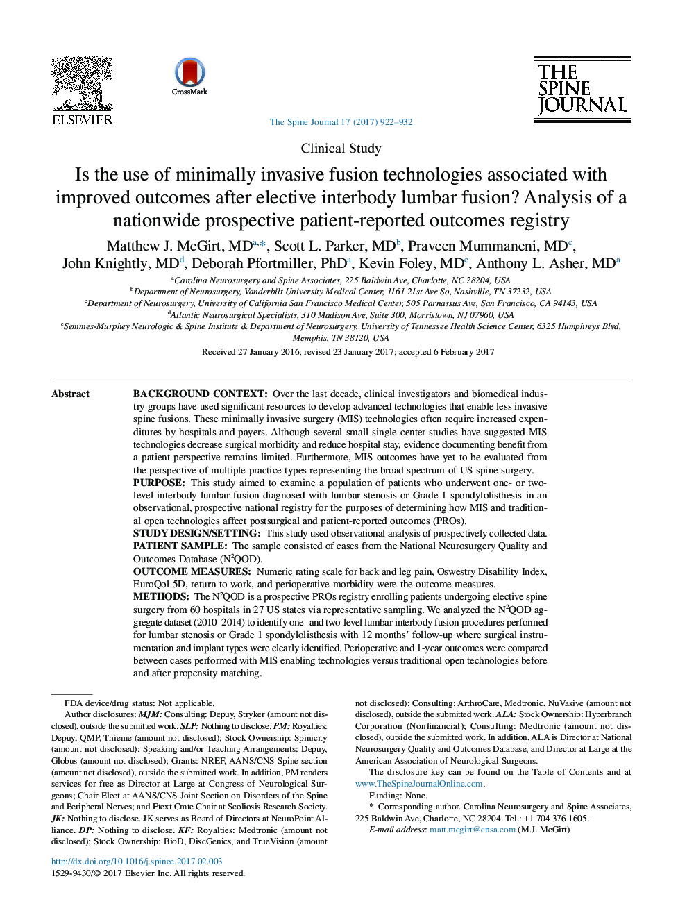 Is the use of minimally invasive fusion technologies associated with improved outcomes after elective interbody lumbar fusion? Analysis of a nationwide prospective patient-reported outcomes registry