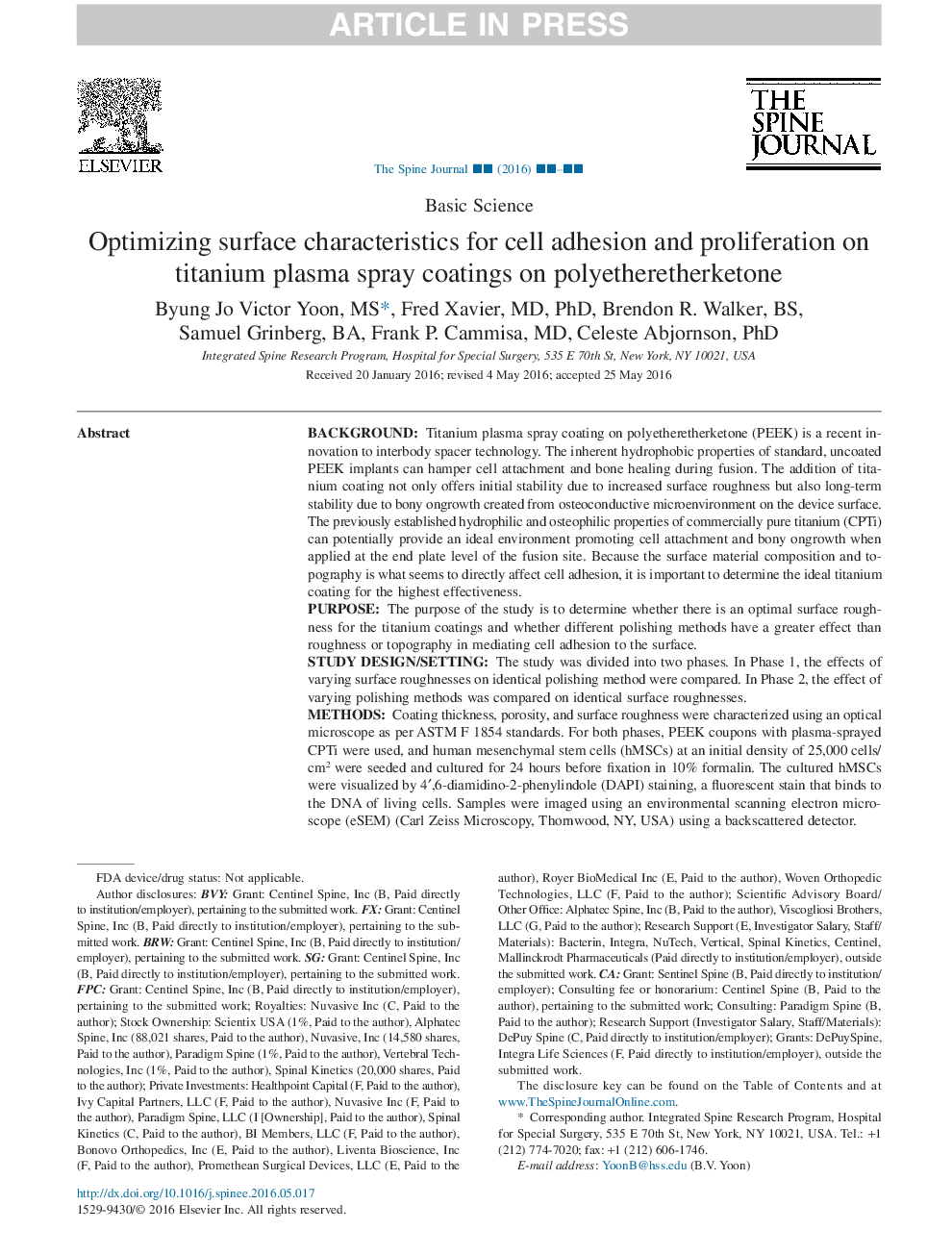 Optimizing surface characteristics for cell adhesion and proliferation on titanium plasma spray coatings on polyetheretherketone