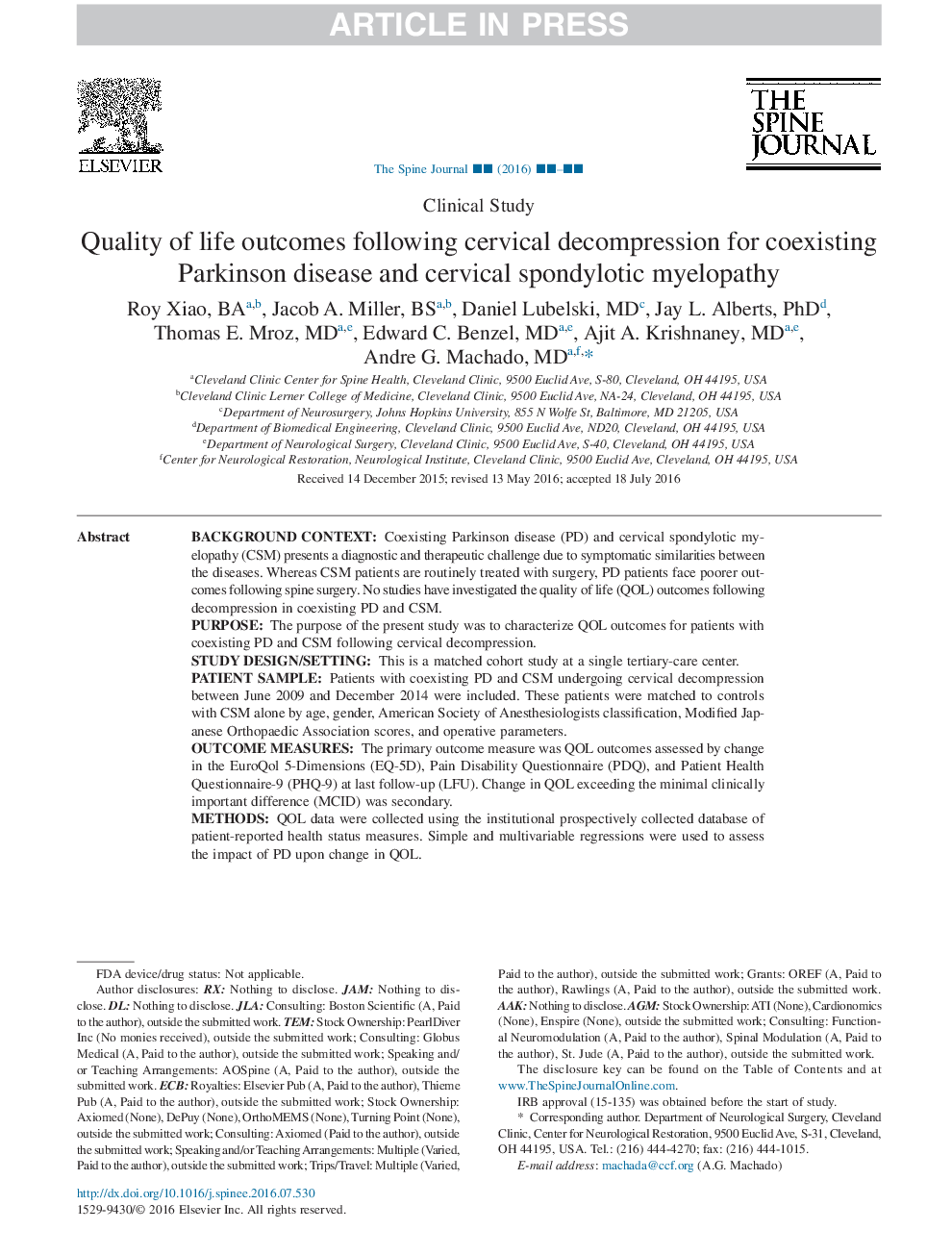 Quality of life outcomes following cervical decompression for coexisting Parkinson's disease and cervical spondylotic myelopathy