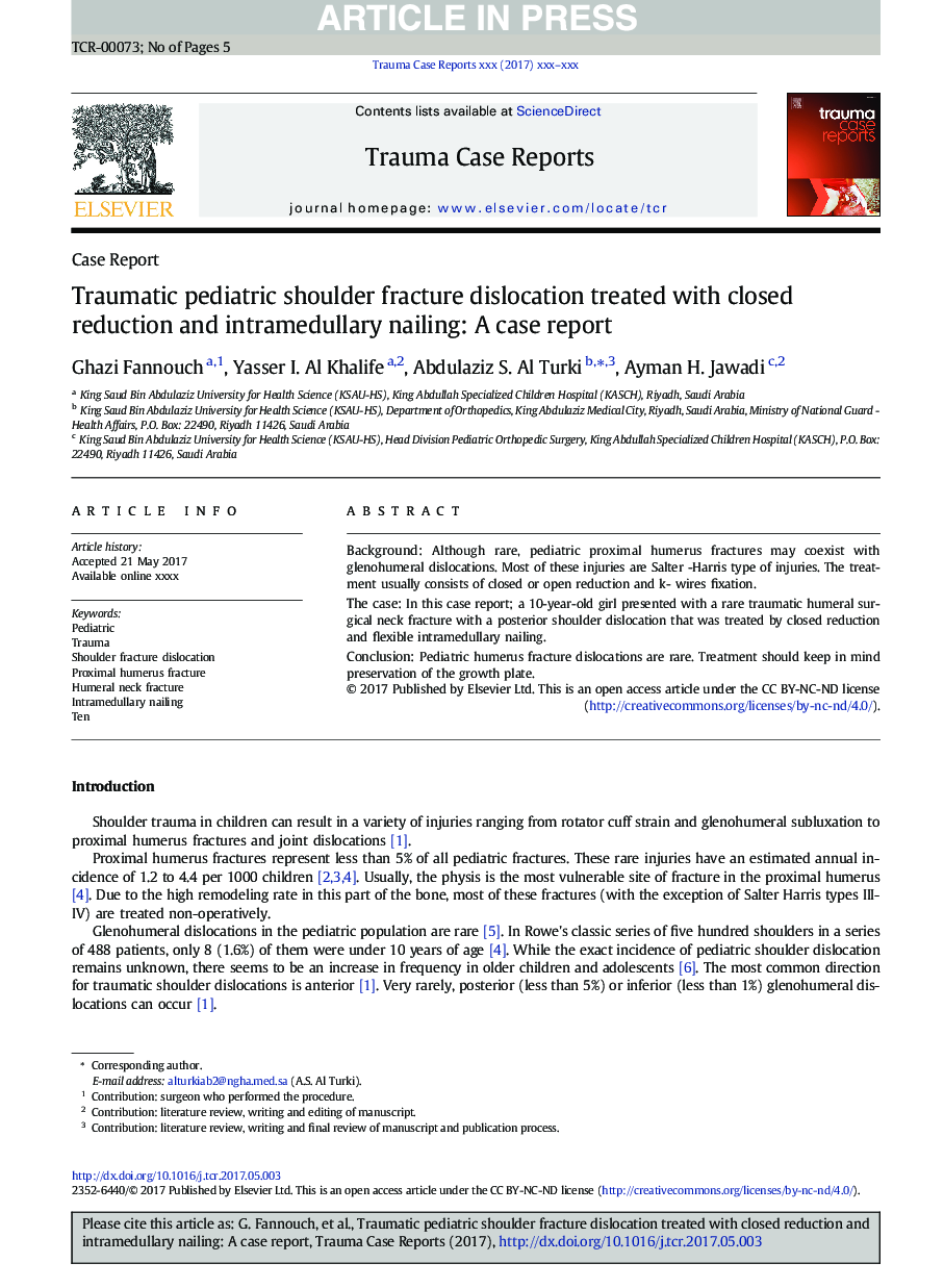 Traumatic pediatric shoulder fracture dislocation treated with closed reduction and intramedullary nailing: A case report