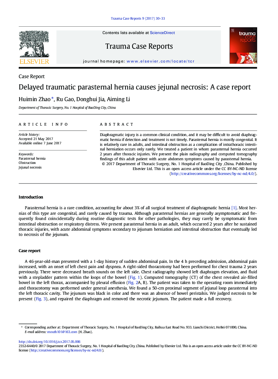 Delayed traumatic parasternal hernia causes jejunal necrosis: A case report