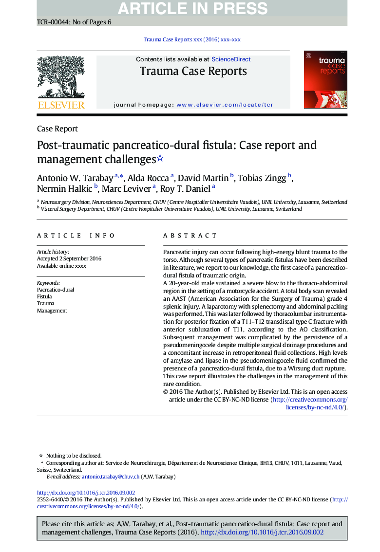 Post-traumatic pancreatico-dural fistula: Case report and management challenges