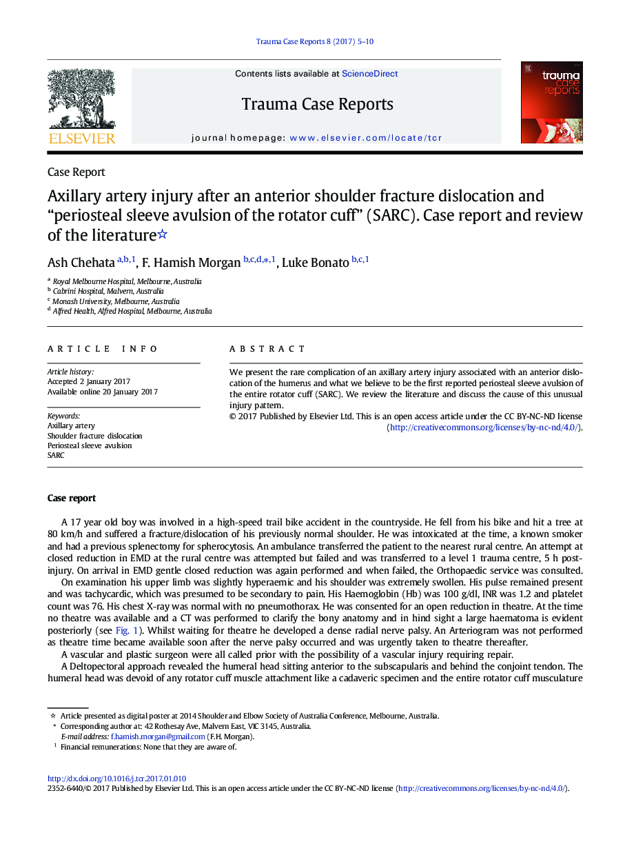 Axillary artery injury after an anterior shoulder fracture dislocation and “periosteal sleeve avulsion of the rotator cuff” (SARC). Case report and review of the literature