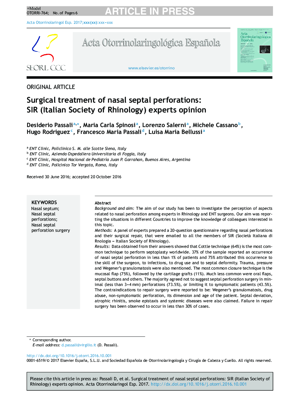 Surgical treatment of nasal septal perforations: SIR (Italian Society of Rhinology) experts opinion