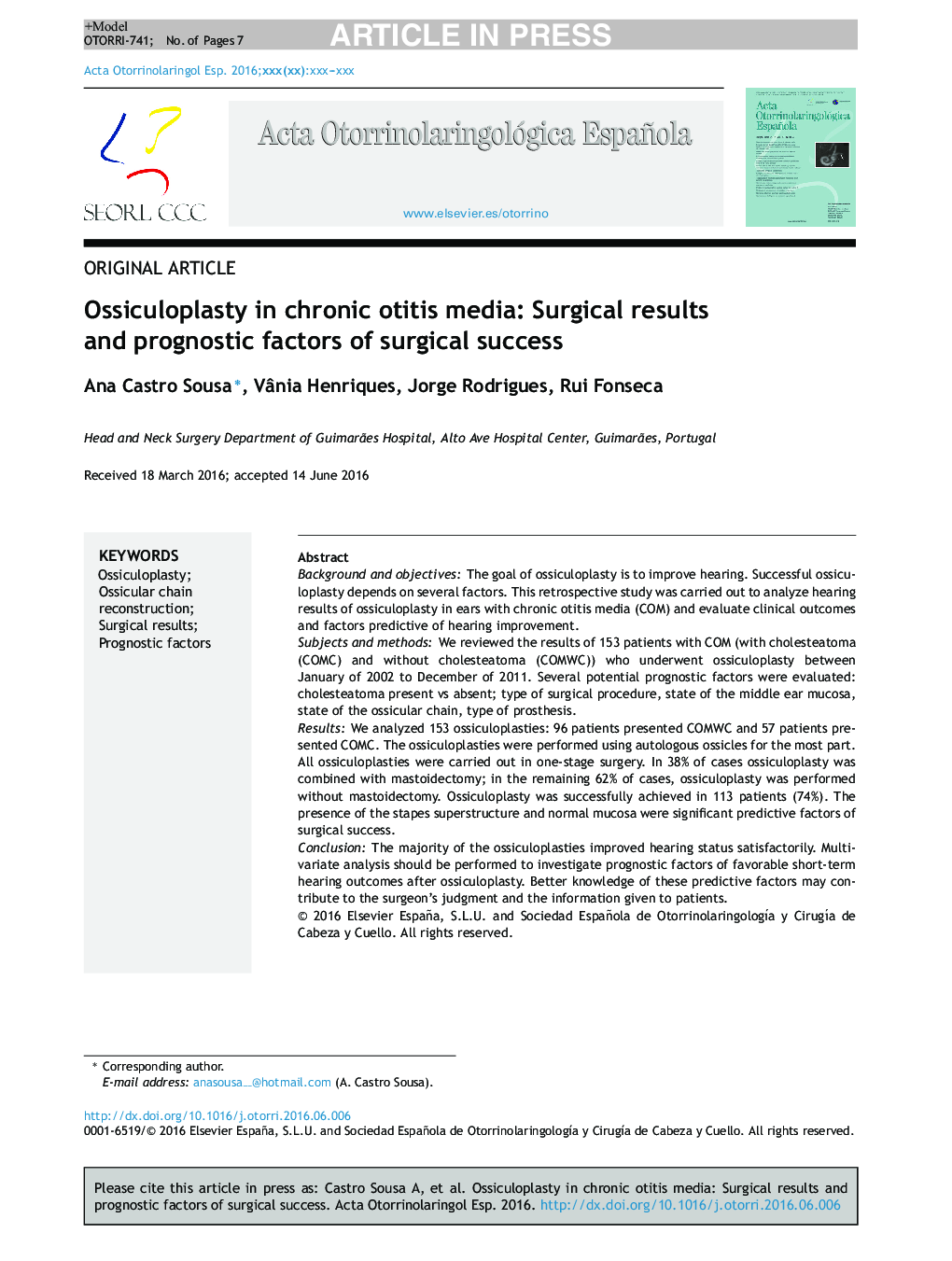 Ossiculoplasty in chronic otitis media: Surgical results and prognostic factors of surgical success
