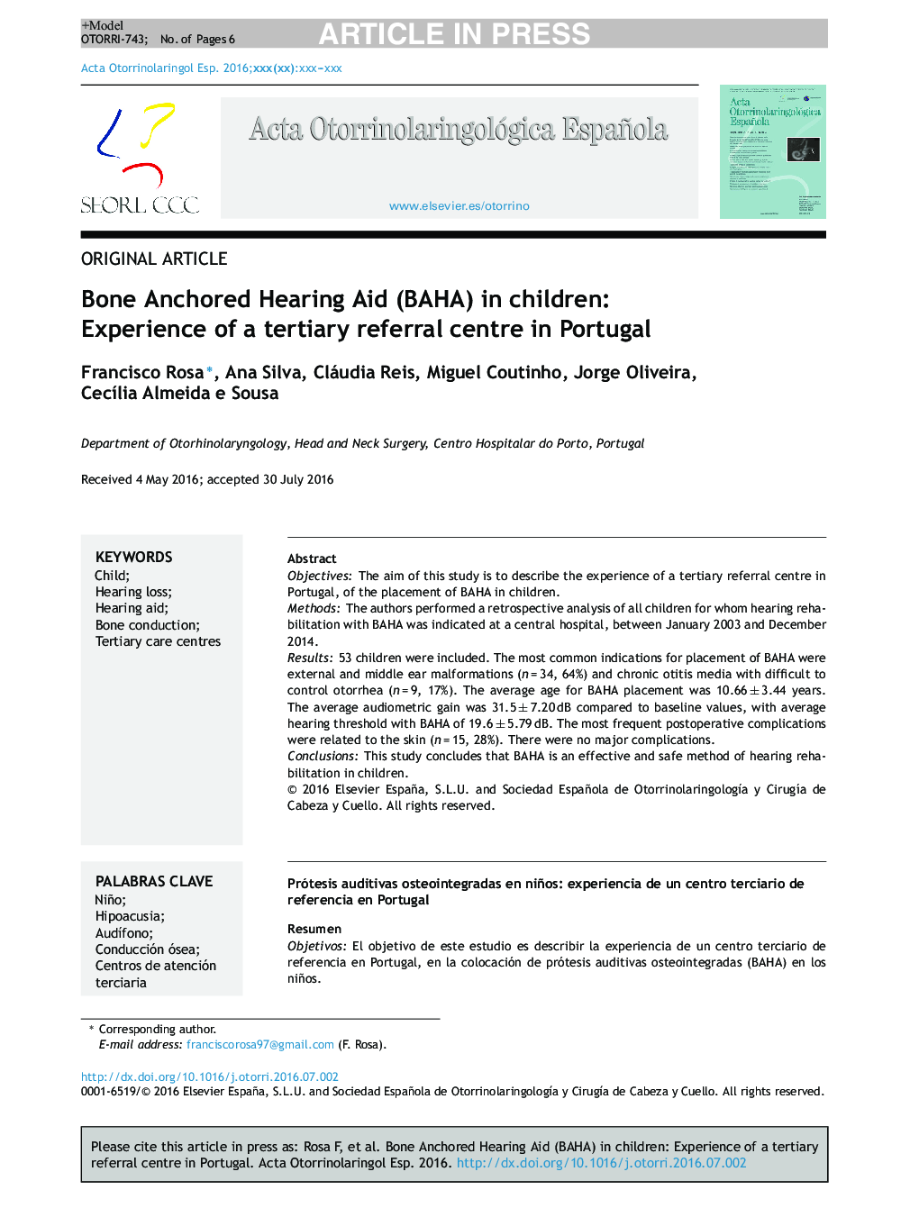 Bone Anchored Hearing Aid (BAHA) in children: Experience of a tertiary referral centre in Portugal